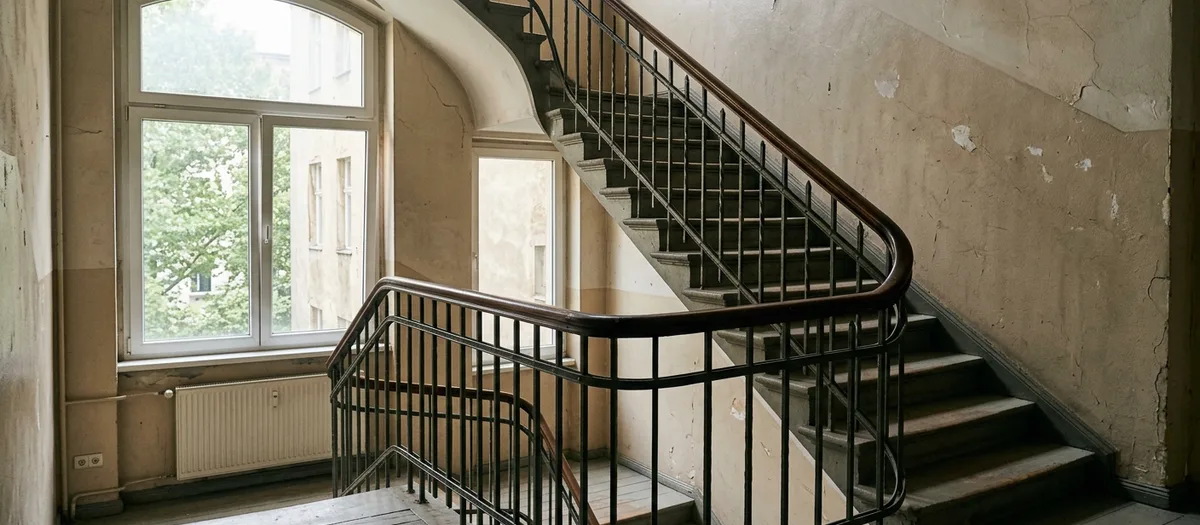 Treppenhaus im Altbau mit geschwungenem Handlauf und hohem Fenster zum Hof