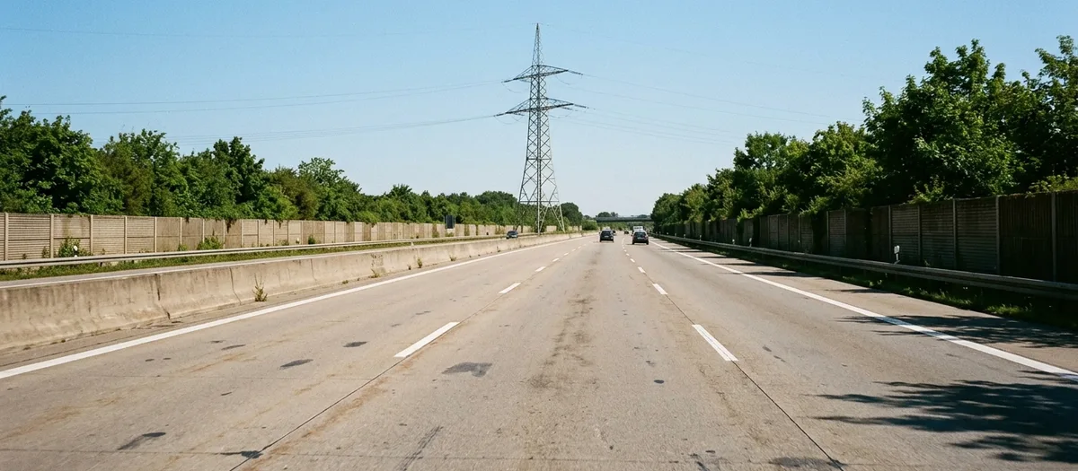 Autobahn nach Westen, drei Spuren zwischen Lärmschutzwänden unter blauem Himmel