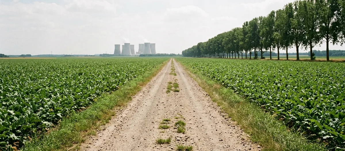 Feldweg durch die Rübenfelder der Börde, am Horizont die Kühltürme