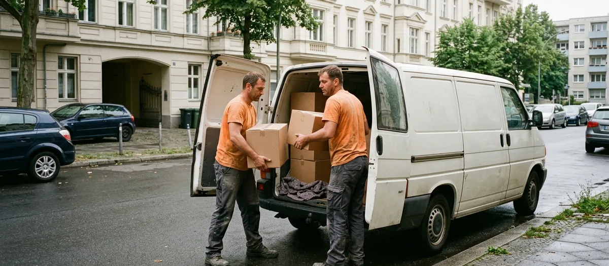 Zwei Träger laden Kartons in den offenen Heckraum eines Transporters zur Rampe