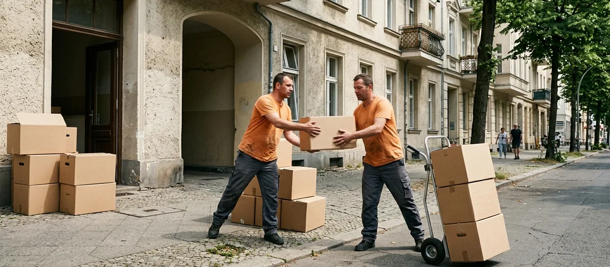 Zwei Träger reichen sich einen Karton vor dem Hauseingang