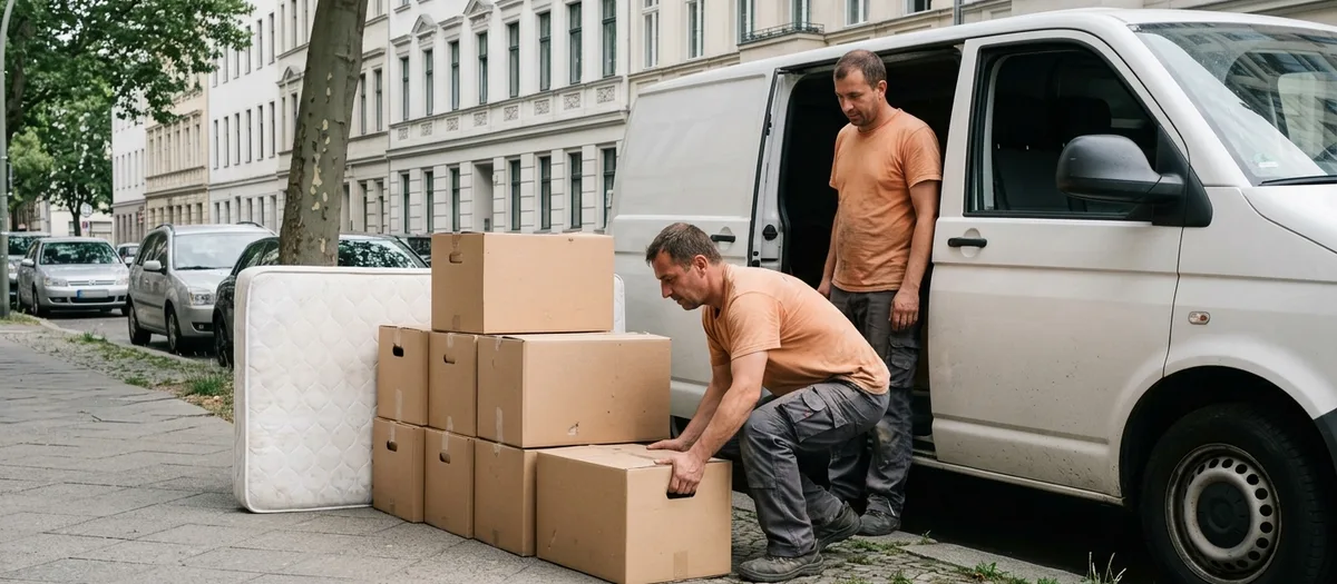 Matratze und Kartons stehen am Bordstein, ein Träger hebt den untersten Karton