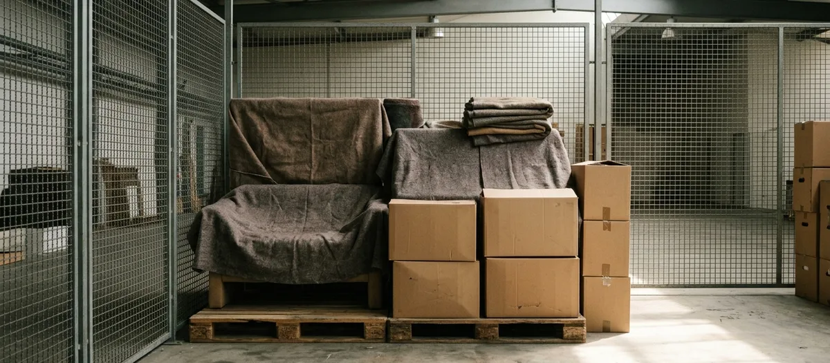 Lagerbox mit Gitterwänden, abgedeckter Sessel und Kartons auf Paletten