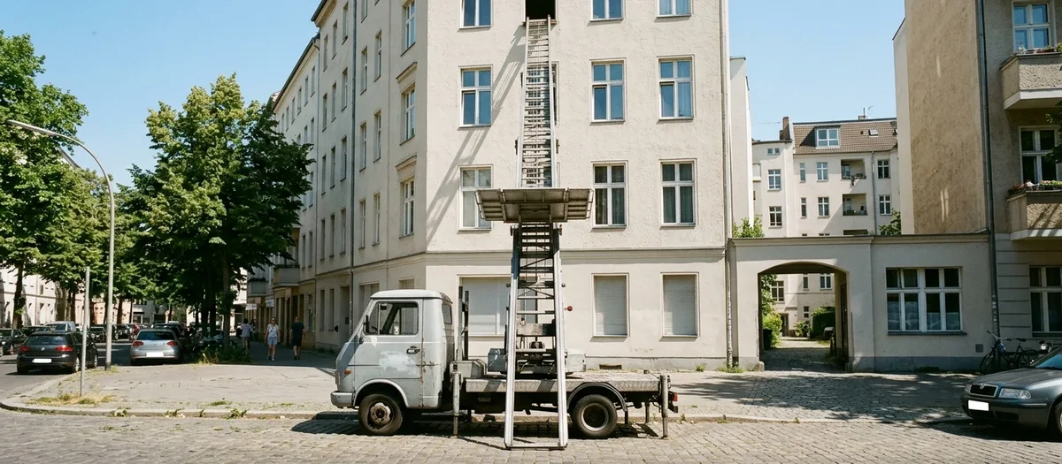 Möbellift an der Fassade, die Bühne steht vor einem Fenster im oberen Geschoss