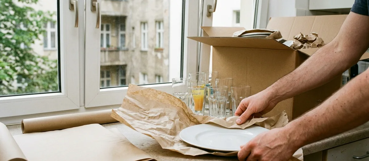 Gläser und Teller werden am Fensterbrett in Papier gewickelt und verpackt