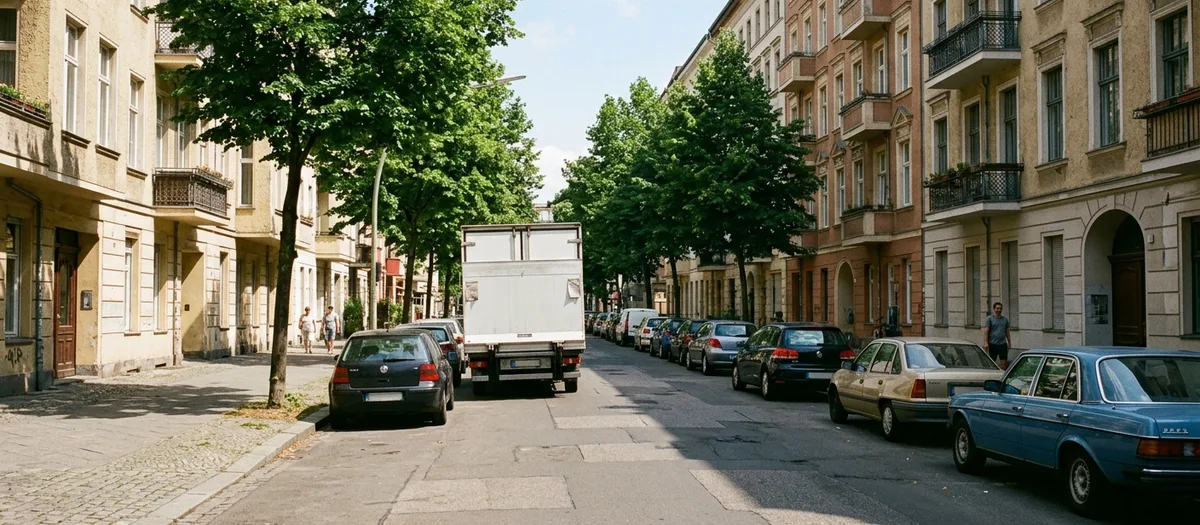 Sommerliche Wohnstraße mit Baumreihe, der Lastwagen steht in zweiter Reihe