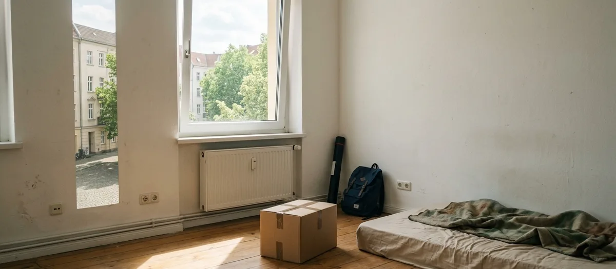 Zimmer mit Matratze am Boden, Rucksack und einem Karton vor dem Fenster