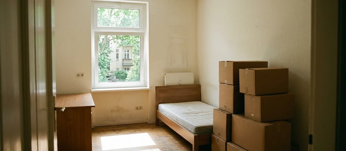 Leeres Zimmer mit Bettgestell und Kartonstapel, Sonne fällt auf den Dielenboden
