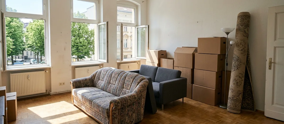 Wohnzimmer mit zwei Sofas, Kartonstapel und gerolltem Teppich