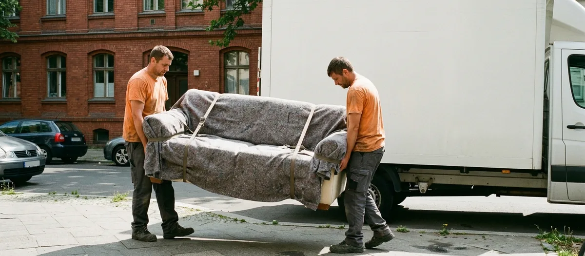 Zwei Männer tragen ein eingewickeltes Sofa über den Gehweg, dahinter Backsteinfassade und der Lastwagen